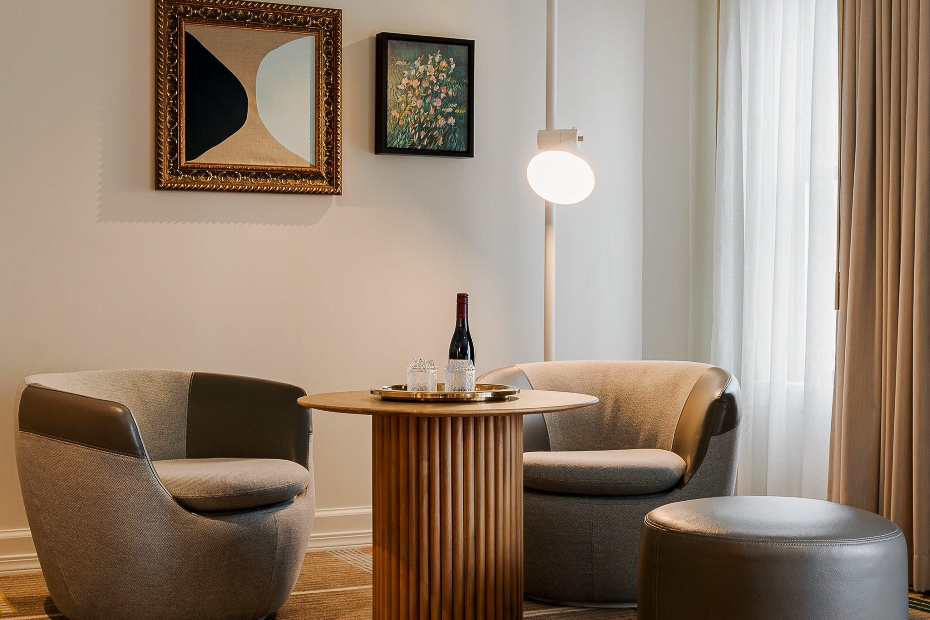 Junior Suite living area at Hotel Ändra with two gray club chairs, round wood table with a wine bottle and Scandinavian glasses, modern artwork on the wall, floor lamp, and window with light curtains.